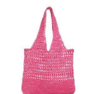 AQUA Women's Pink Solid Crochet Double Flat Strap Tote Handbag Purse $69 Retail